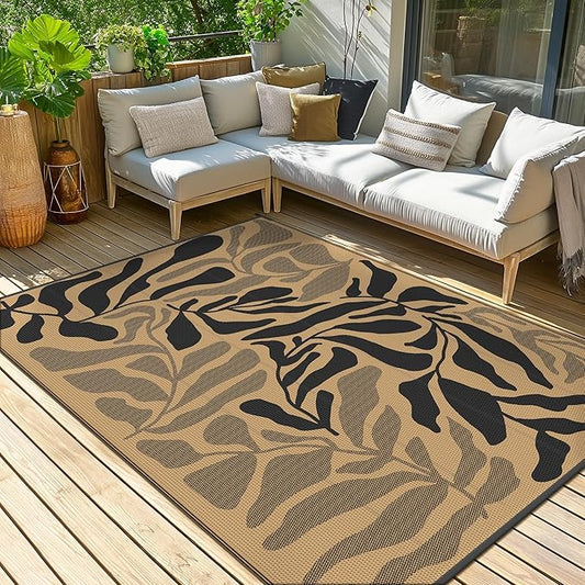 GENIMO Outdoor Rug 6' x 9' Waterproof for Patio Clearance, Reversible Plastic Straw Camping Carpet, Lightweight Mats for Rv, Backyard, Deck, Porch, Picnic, Beach, Balcony, Black & Brown