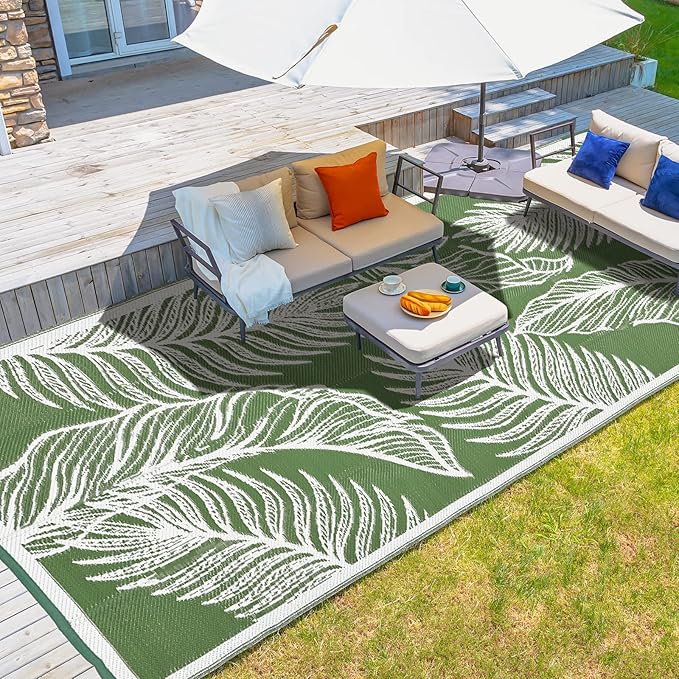 wikiwiki Outdoor Rug, 9x12ft Waterproof Reversible Mat Indoor Outdoor Rugs Carpet, Small Area Rug Plastic Straw Rug for Patio Deck Balcony Pool RV Camping Beach Picnic, Green, Rugscape Series