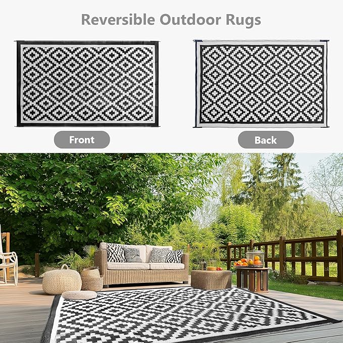 6x9 ft Outdoor Rug Waterproof, Plastic Straw Patio Carpet - UV Resistant Reversible Indoor Outdoor Rugs for Porch, Camping, Poolside, RV, Balcony, Easy to Clean, Black and White