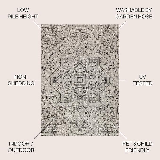 JONATHAN Y SMB105D-5SQ Estrella Bohemian Medallion Textured Weave Indoor Outdoor Area Rug Coastal Bohemian Rustic Glam Easy Cleaning Bedroom Kitchen Backyard Patio Non Shedding, 5' Square, Black/Gray