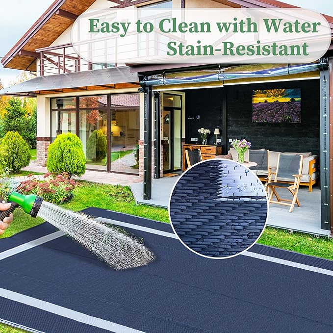 Ogrmar 8x10 FT Reversible Mats, Outdoor Rug for Patio Clearance, Waterproof Carpet, Plastic Straw Rug for Indoor Outdoor, Floor Mat&Rug for RV Porch Camping Backyard Deck Balcony Beach Trailer (Blue)