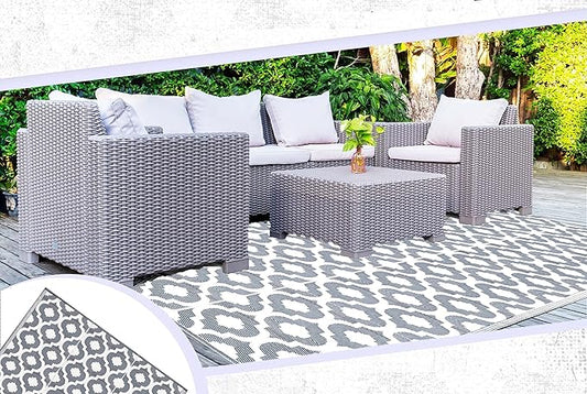 BalajeesUSA Outdoor Rugs 9 by 18 Feet Grey Reversible Recycled Plastic Straw Patio Rugs Waterproof Large RV Camper Awning mat 7070