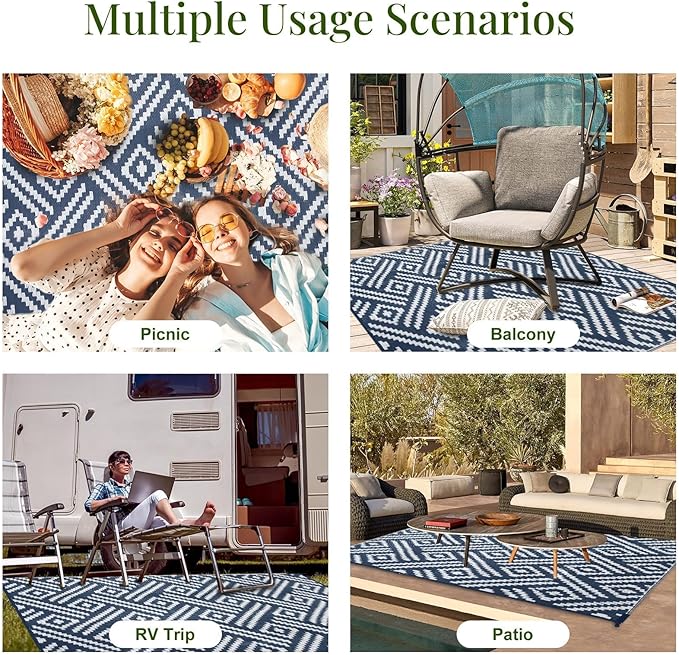 OPPODREAM Outdoor Rug 8x10 Patio Waterproof, Large Outdoor Plastic Straw Rug, Reversible Out Door Carpet for Camping, Deck, Rv, 8 x 10 Area Carpet for Balcony, Porch, Backyard, White and Navy Blue