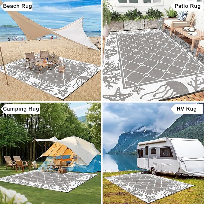 Vaukki Reversible Rugs, Plastic Straw Outdoor Doormat, Fade Resistant Plastic Outdoor Patio Mat, Lightweight Ocean Area Carpet for Patio, RV, Camping, Beach, Deck, Backyard and Picnic (Grey, 6'x9')