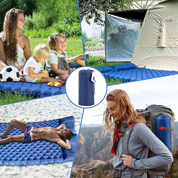ONTYZZ Double Ultralight Inflatable Sleeping Pad for 2 Persons, Camping, Blue, Waterproof with Built-in Foot Pump
