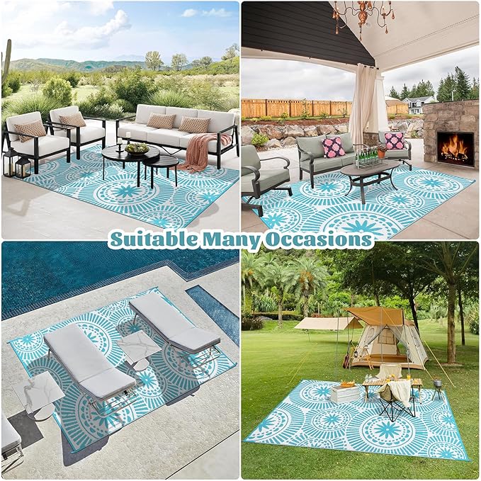 Ileading Reversible Plastic Outdoor Rug Modern Geometric Style Straw Mat, Waterproof Patios Carpet 6x9ft Non Shedding Portable Decor Area Rugs for Deck RV Picnic Beach Backyard (6' x 9'Teal)