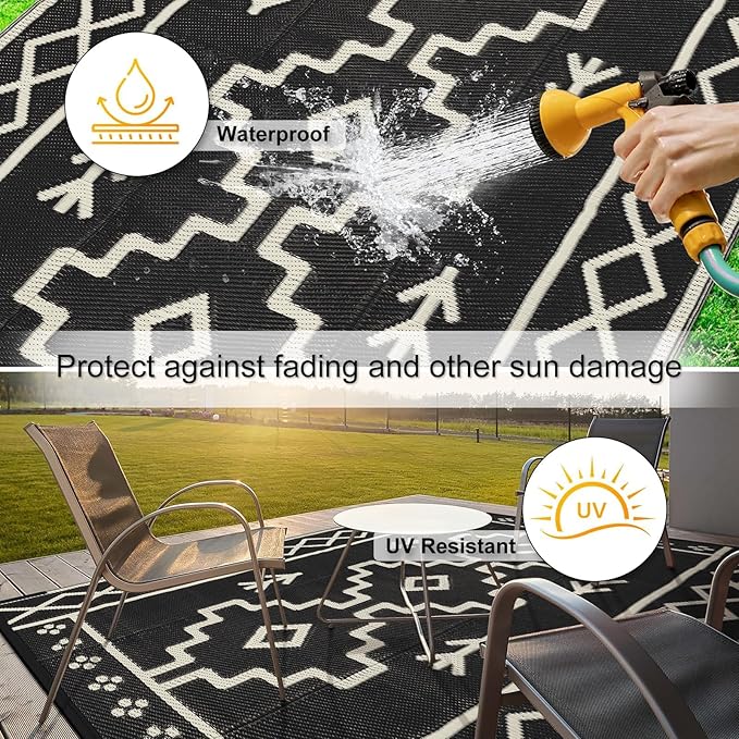 Uphome Outdoor Rugs 8x10 Waterproof, Reversible Black Boho RV Camping Rug, Patio Plastic Straw Outside Rug, Large Foldable Outdoor Mat Carpet for Backyard Deck Pool Balcony Picnic Beach, 8'x10'