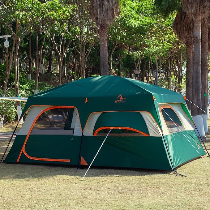 KTT Extra Large Tent 12 Person,2 Bay-Windows,Family Cabin Tents,14'Lx10'Wx6.58'H,2 Rooms and 3 Doors 3 Windows with Mesh,Waterproof,Straight Wall,Big Tent for Outdoor,Picnic,Camping,Gathering
