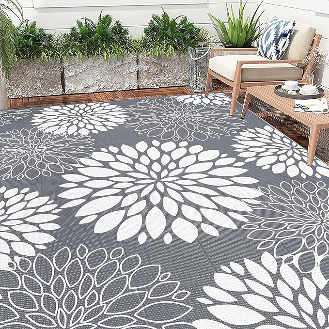 Ileading Reversible Outdoor Rug 9x12Ft Waterproof Patio Rug Carpet Portable Outdoor Plastic Straw Rug Large RV Camping Mat Rug for Patio, Clearance, Deck, Beach, Porch, Camping, Picnic, Grey