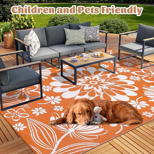 Ileading Outdoor Plastic Straw Rug 9x12ft Funny Floral Style Reversible Patio Area Rugs Waterproof Non Shedding Portable Carpets Large RV Rugs for Outside Deck Pool Beach Picnic Camping (Orange)