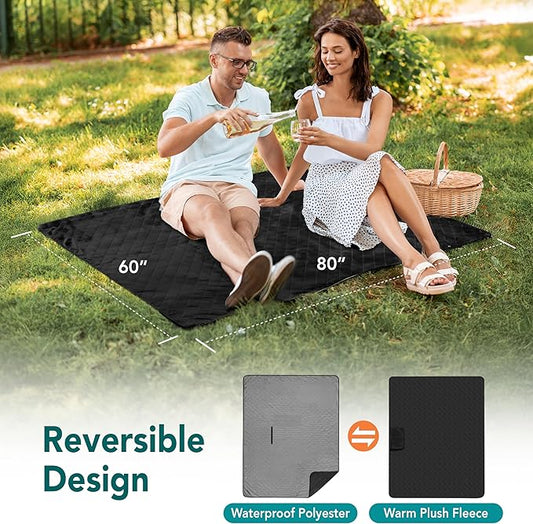 SUN CUBE Large Waterproof Camping Blanket, Fleece Quilted Stadium Blanket for Cold Weather, Windproof Foldable Outdoor Blanket Mat for Picnic, Beach, Pets, Car, 60x80in