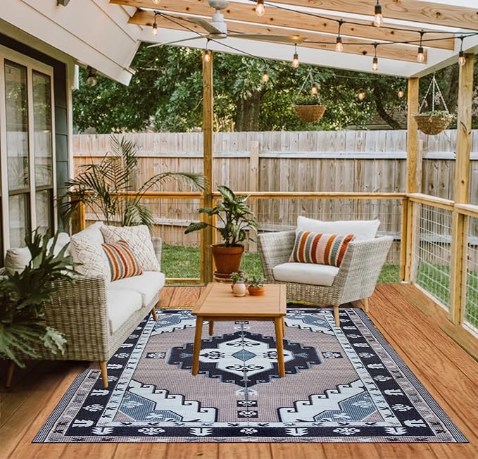 BalajeesUSA Outdoor Rug - 6x9 feet, Blue, Grey, Reversible, Portable, Duarable, Waterproof, Plastic straw patio rugs, Large RV camper mat 140