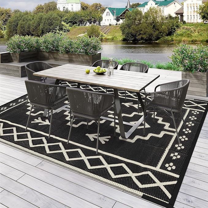 Uphome Outdoor Rugs 8x10 Waterproof, Reversible Black Boho RV Camping Rug, Patio Plastic Straw Outside Rug, Large Foldable Outdoor Mat Carpet for Backyard Deck Pool Balcony Picnic Beach, 8'x10'