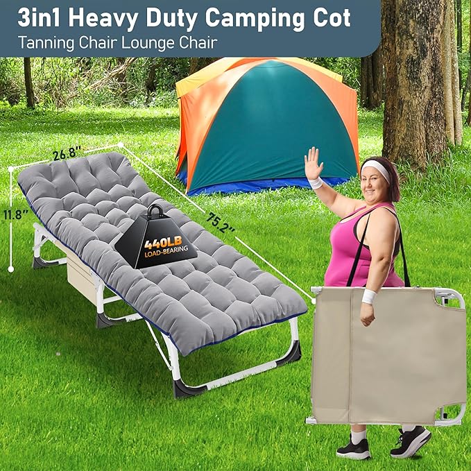 ABORON Folding Camping Cot for Adults, Heavy Duty 3-in-1 Bed for Guest Sleeping, Adjustable Double-Layer 1200D with Mattress & Carrying Bag for Home, Office, Vacation, Hospital Use