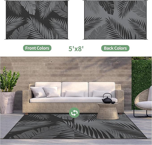 GENIMO Outdoor Rug 5' x 8' Waterproof for Patios Clearance, Reversible Outdoor Plastic Straw Camping Rug Carpet, Large Area Rugs Mats for RV, Picnic, Backyard, Deck, Balcony, Porch, Beach, Black&Grey