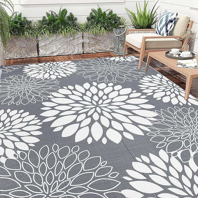 Ileading Reversible Outdoor Rug 8x10Ft Waterproof Patio Rug Carpet Portable Outdoor Plastic Straw Rug Large RV Camping Mat Rug for Patio, Clearance, Deck, Beach, Porch, Camping, Picnic, Grey