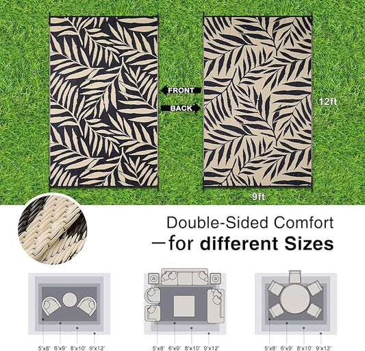 OLANLY Waterproof Outdoor Rug 9x12 ft, Reversible Outdoor Plastic Straw Rug with Leaf Pattern, RV Mat, Indoor Outdoor Carpet for Patio, Camping, Balcony, Deck, Backyard, Black & Beige