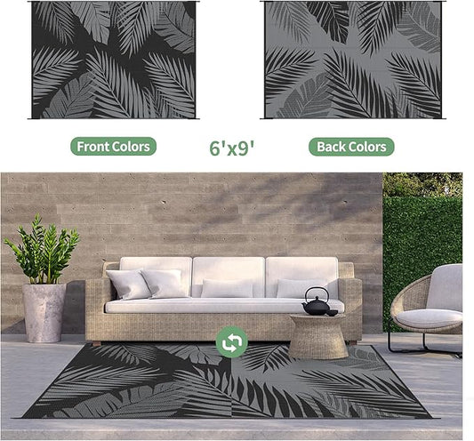 GENIMO Outdoor Rug 6' x 9' Waterproof for Patios Clearance, Reversible Outdoor Plastic Straw Camping Rug Carpet, Large Area Rugs Mats for RV, Camper, Deck, Balcony, Porch, Beach, Picnic, Black&Grey