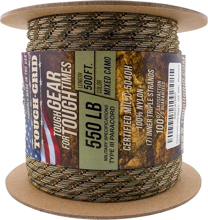 TOUGH-GRID Premium Mixed Camo Paracord 550 lbs Made in USA Outdoor Survival Nylon Rope Tactical Heavy Duty Strands Parachute Cord Used by US Military Type III Mil-Spec