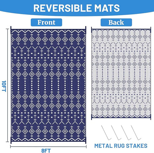 StepRite 8’ x 10’ Reversible Outdoor Rug, Waterproof Plastic Straw Rug, Patio Rug, Large Modern Area Rug Carpet, Indoor Outdoor Rugs for Camping, Porch, Deck, Balcony, Backyard, RV, Picnic(Blue)