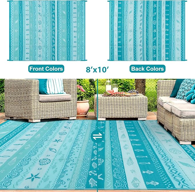 Lahome Outdoor Rug 8x10 Patio Waterproof, Reversible Outdoor Plastic Straw Rug for Camping, RV Patio Rugs Outside Large Carpet for Porch Deck Backyard Picnic(Blue/Multi,8'x 10')