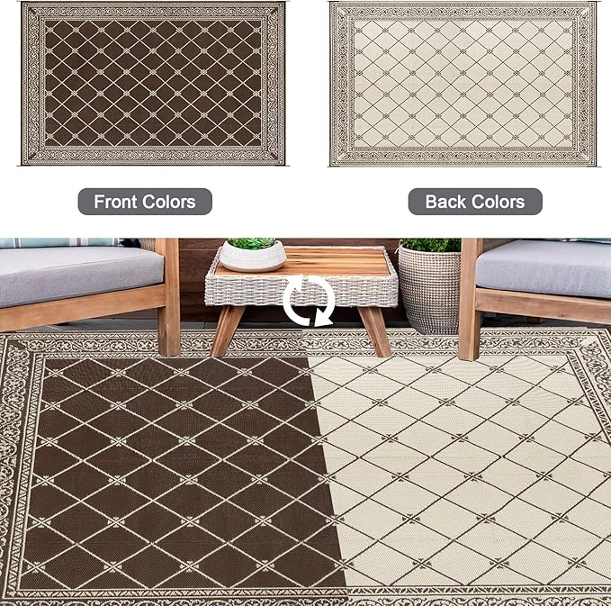 HiiARug Outdoor Patio Rugs 6x9Ft Outside Rugs Patio Waterproof Plastic Straw RV Camping Rug Reversible Mats Large Floor Mat and Rug for Patio, Backyard, Deck, Picnic, Beach, Trailer (Brown)