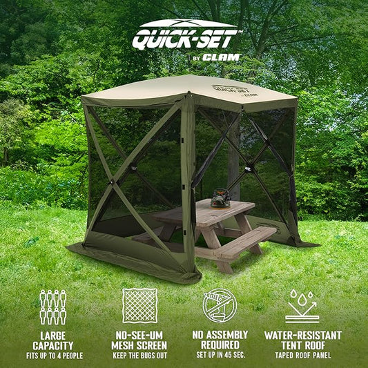 CLAM Pop Up Screen Tent, Outdoor Camping Gazebo Canopy, Traveler, 6', Green/Tan