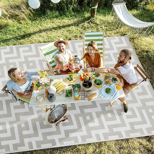 Outdoor Patio Plastic Straw Rug - 5'x8' Outdoor Camping Rug Waterproof Reversible, Area Carpet Patios Clearance RV, Outside Porch Balcony Deck for Camper, Grey & White