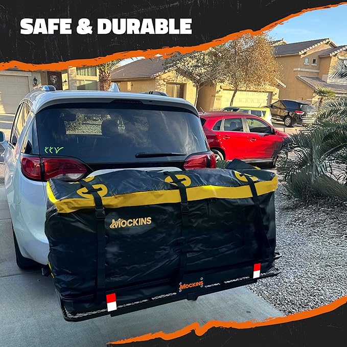 Mockins 20 CuFt Waterproof Cargo Bag for Hitch Carrier | 60x20x29 Weatherproof Trailer Hitch Cargo Carrier Bag for Truck Bed Storage |500D PVC Vehicle Soft-Shell Carriers Car Bag w/Waterproof Zipper