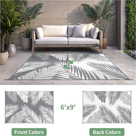 Outdoor Rug 6' x 9' for Patio Waterproof Clearance, Reversible Indoor Outdoor Plastic Straw Camping Rug Carpet, RV Mat, Large Area Rug for Deck, Backyard, Balcony, Porch, Beach, Grey and White
