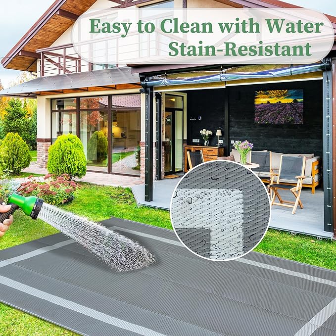 Ogrmar 9x12 FT Reversible Mats, Outdoor Rug for Patio Clearance, Waterproof Carpet, Plastic Straw Rug for Indoor Outdoor, Floor Mat&Rug for RV Porch Camping Backyard Deck Balcony Beach Trailer (Gray)