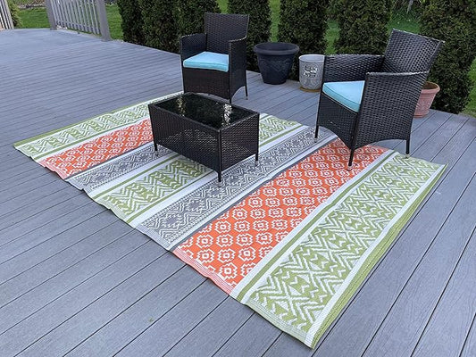 BalajeesUSA Outdoor Rugs–9x18 Plastic Patio Decor Green, Orange, Durable and Affordable Recycled Straw Picnic All-Weather and Waterproof Reversible Camper Awning mats 7742