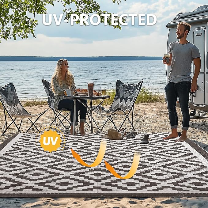 6x9 ft Outdoor Rug Waterproof, Plastic Straw Patio Carpet - UV Resistant Reversible Indoor Outdoor Rugs for Porch, Camping, Poolside, RV, Balcony, Easy to Clean, Black and White