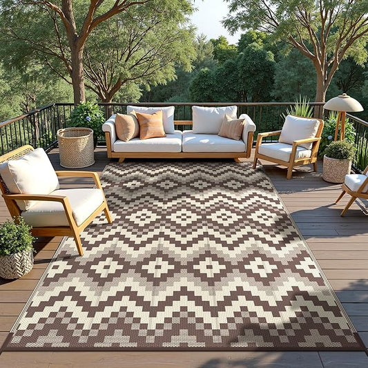 GENIMO Outdoor Rug Waterproof 6x9 ft, Lightweight Plastic Straw Rugs, Outside Reversible Area Mat Carpet for Patio, Camping, RV, Deck, Balcony, Porch, Backyard, Coffee & Beige