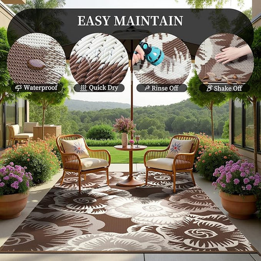 MontVoo Outdoor Rug-Waterproof Patio Rug Mat 5x8 Outdoor Carpet Mat Reversible Plastic Straw Outside Outdoor Rug for RV Camping Picnic Beach Balcony Backyard Pool Deck Farmhouse Floral Beige Brown