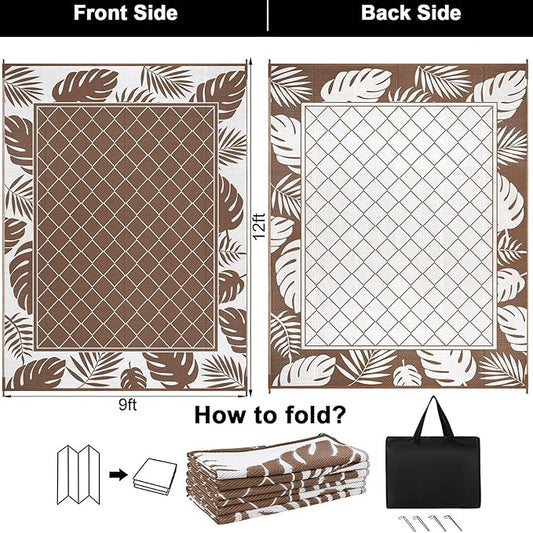 Ileading Outdoor Rug Carpet for Patio 9'x12' Waterproof Reversible Plastic Straw Rug Portable Outside Area Rug Camping Mat for Patio, Clearance, Balcony, Picnic, Pool, Beach, RV, Deck, Brown