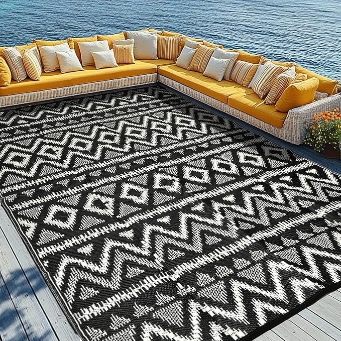Waterproof Outdoor Rug 9x18 ft, Reversible Plastic Straw Rug, Easy to Clean Patio Rug, Portable Carpet for Patio, RV, Deck, Balcony, Backyard, Picnic, Beach, Geometric Diamond, Gray