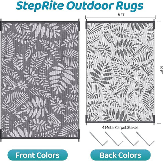 StepRite Outdoor Rug, Patio Rug, Plastic Straw Camping Rugs, Large Waterproof Area Rug and Mat for Outdoors, RV, Patio, Backyard, Deck, Porch, Beach, Balcony, (8'x 10', White&Gray)