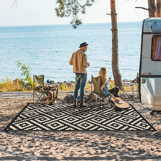 GENIMO Outdoor Rug for Patio Clearance,6'x9' Waterproof Mat,Reversible Plastic Camping Rugs,Rv,Deck,Porch,Camper,Balcony,Backyard (Black & Beige)