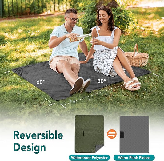 SUN CUBE Large Waterproof Camping Blanket, Fleece Quilted Stadium Blanket for Cold Weather, Windproof Foldable Outdoor Blanket Mat for Picnic, Beach, Pets, Car, 60x80in