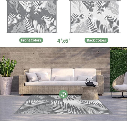 GENIMO Outdoor Rug 4' x 6' Waterproof for Patios Clearance, Reversible Outdoor Plastic Straw Camping Rug Carpet, Large Area Rugs Mats for RV, Camper, Deck, Balcony, Porch, Beach, Picnic, Grey&White