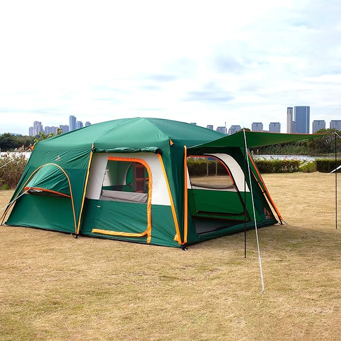KTT Extra Large Tent 12 Person,2 Bay-Windows,Family Cabin Tents,14'Lx10'Wx6.58'H,2 Rooms and 3 Doors 3 Windows with Mesh,Waterproof,Straight Wall,Big Tent for Outdoor,Picnic,Camping,Gathering