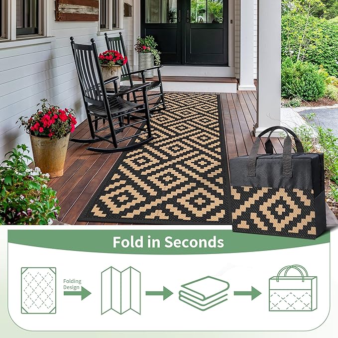 GENIMO Outdoor Rug 2.5'x8' Waterproof, Reversible Camping Mat, Plastic Straw Rugs for Patio, RV, Camper, Balcony, Backyard, Picnic, Deck (Black & Brown)