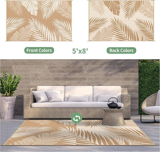 GENIMO Outdoor Rug 5' x 8' Waterproof for Patios Clearance, Reversible, Plastic Straw Camping Rug Carpet, Large Area Rugs Mats for RV, Picnic, Backyard, Deck, Balcony, Porch, Beach, Brown&Beige