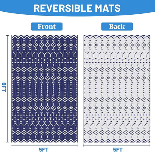 StepRite 5’ x 8’ Reversible Outdoor Rug, Waterproof Plastic Straw Rug, Patio Rug, Large Modern Area Rug Carpet, Indoor Outdoor Rugs for Camping, Porch, Deck, Balcony, Backyard, RV, Picnic(Blue)