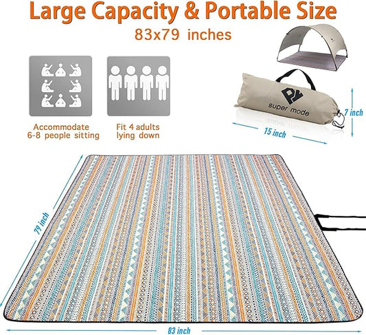 PY SUPER MODE Picnic Blankets Extra Large with Pergola, Orange Boho Waterproof Foldable Outdoor Beach Blanket Oversized 83x79” Sandproof, 3-Layer Picnic Mat for Camping, Hiking, Travel, Park