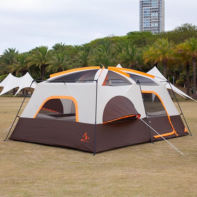 KTT Extra Large Tent 12 Person,2 Bay-Windows,Family Cabin Tents,14'Lx10'Wx6.58'H,2 Rooms and 3 Doors 3 Windows with Mesh,Waterproof,Straight Wall,Big Tent for Outdoor,Picnic,Camping,Gathering