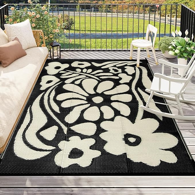 Wonnitar 6x9 Outdoor Rug, Waterproof Plastic Straw RV Outdoor Rugs, Reversible Large Portable RV Camping Rugs, Outsided Abstract Flower Patios Area Rug for Deck Backyard Balcony (Black & White, 6'x9')