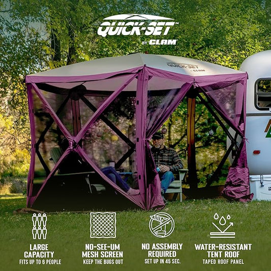 CLAM Pop Up Screen Tent, Outdoor Camping Gazebo Canopy, Venture, 9' x 9', Plum