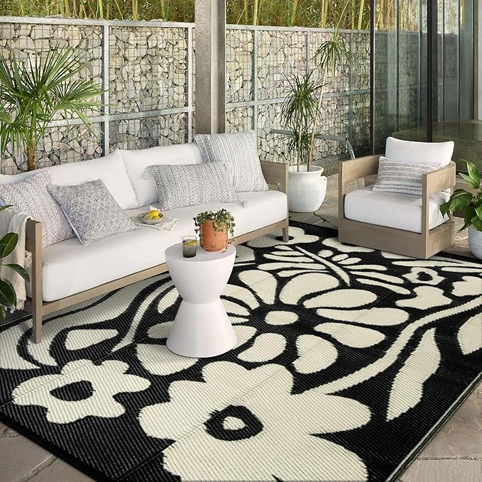 Wonnitar 8x10 Outdoor Patio Rug Clearance,Waterproof Plastic Straw Rugs Reversible Outside Large Mat,Abstract Floral Lightweight Carpet for Backyard Balcony RV Camping Deck (Black & White, 8'x10')
